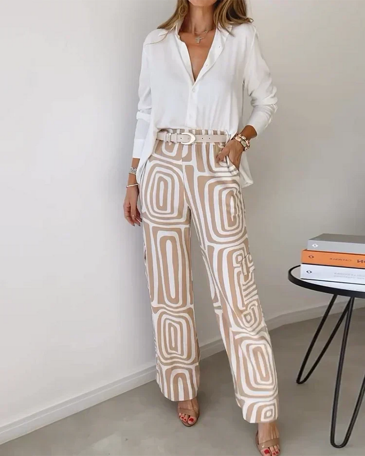 Women's Two-Piece Blouse and Pants Set - Elegant Casual - Khaki