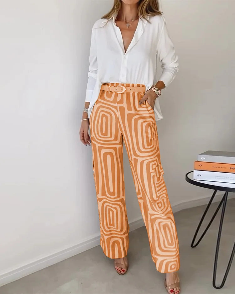Women's Two-Piece Blouse and Pants Set - Elegant Casual - Orange