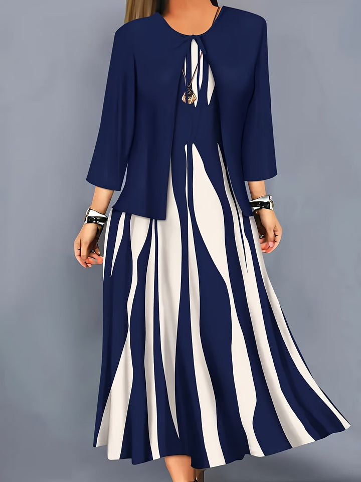 Women's Two-Piece Dress Set with Jacket - Elegant Flowing Design