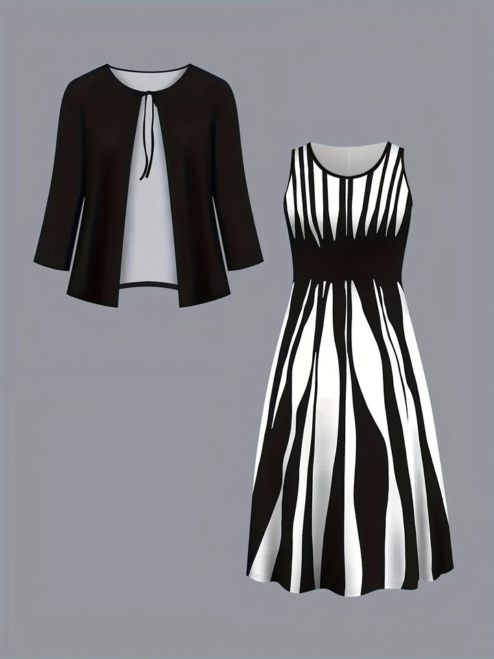 Women's Two-Piece Dress Set with Jacket - Elegant Flowing Design