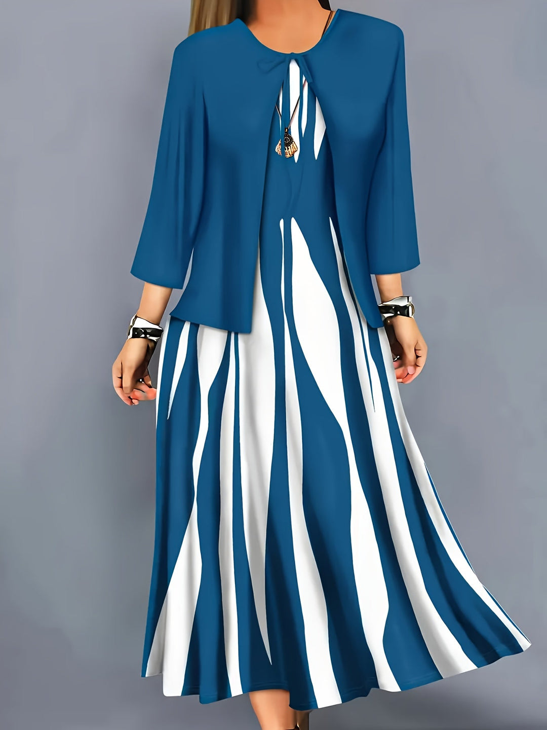 Women's Two-Piece Dress Set with Jacket - Elegant Flowing Design