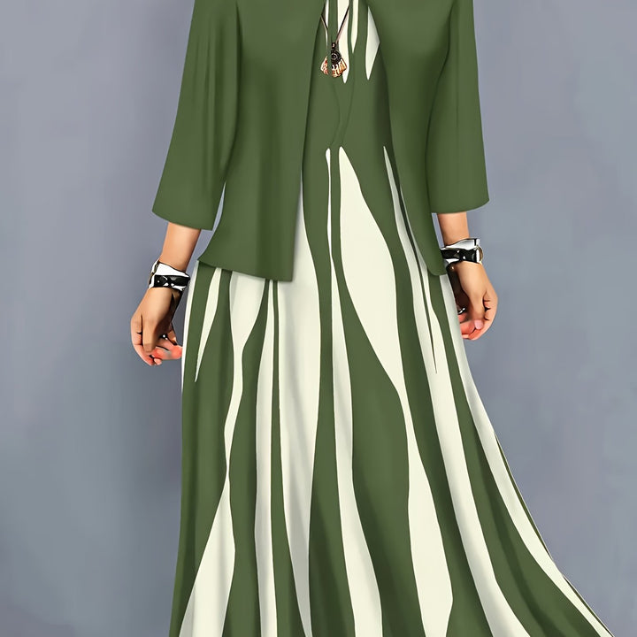 Women's Two-Piece Dress Set with Jacket in fern green, Elegant Flowing Design