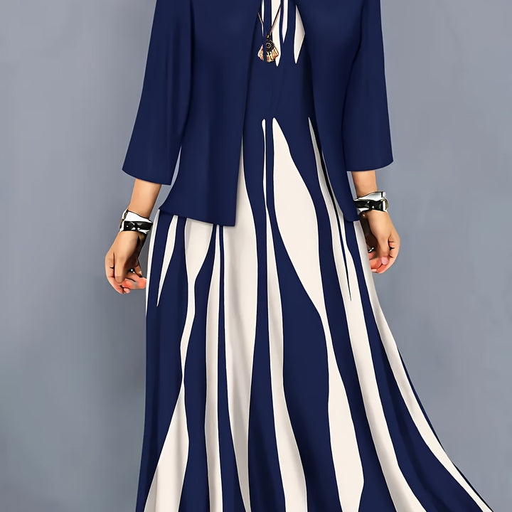 Women's Two-Piece Dress Set with Jacket in navy, Elegant Flowing Design