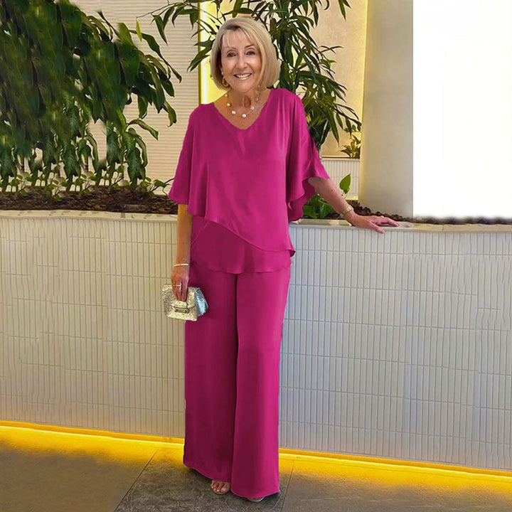 Women's Two-Piece Set - Elegant V-Neck Blouse & Pants - Dark Pink