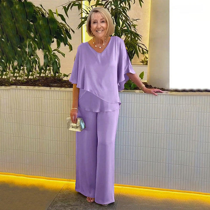 Women's Two-Piece Set - Elegant V-Neck Blouse & Pants - Purple