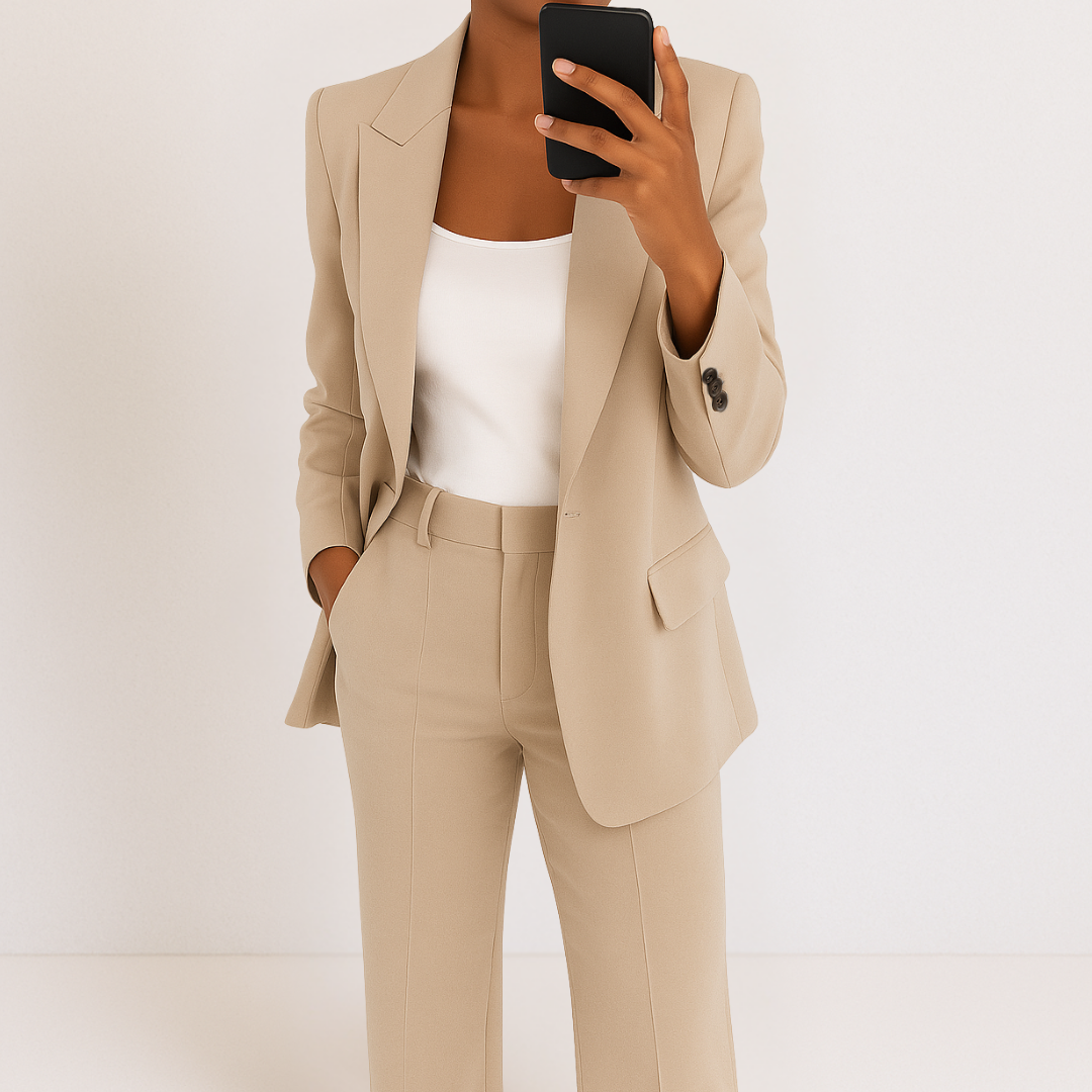 Women's Two-Piece Suit Set - Tailored Blazer & Trousers - Beige