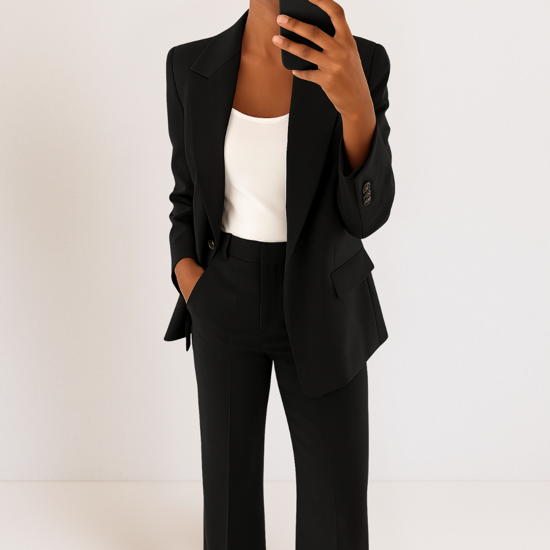 Women's Two-Piece Suit Set - Tailored Blazer & Trousers - Black