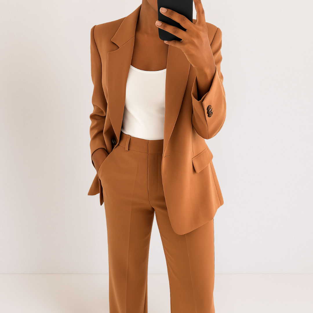 Women's Two-Piece Suit Set - Tailored Blazer & Trousers - Brown