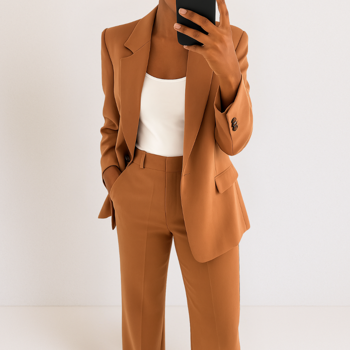 Women's Two-Piece Suit Set - Tailored Blazer & Trousers - Brown