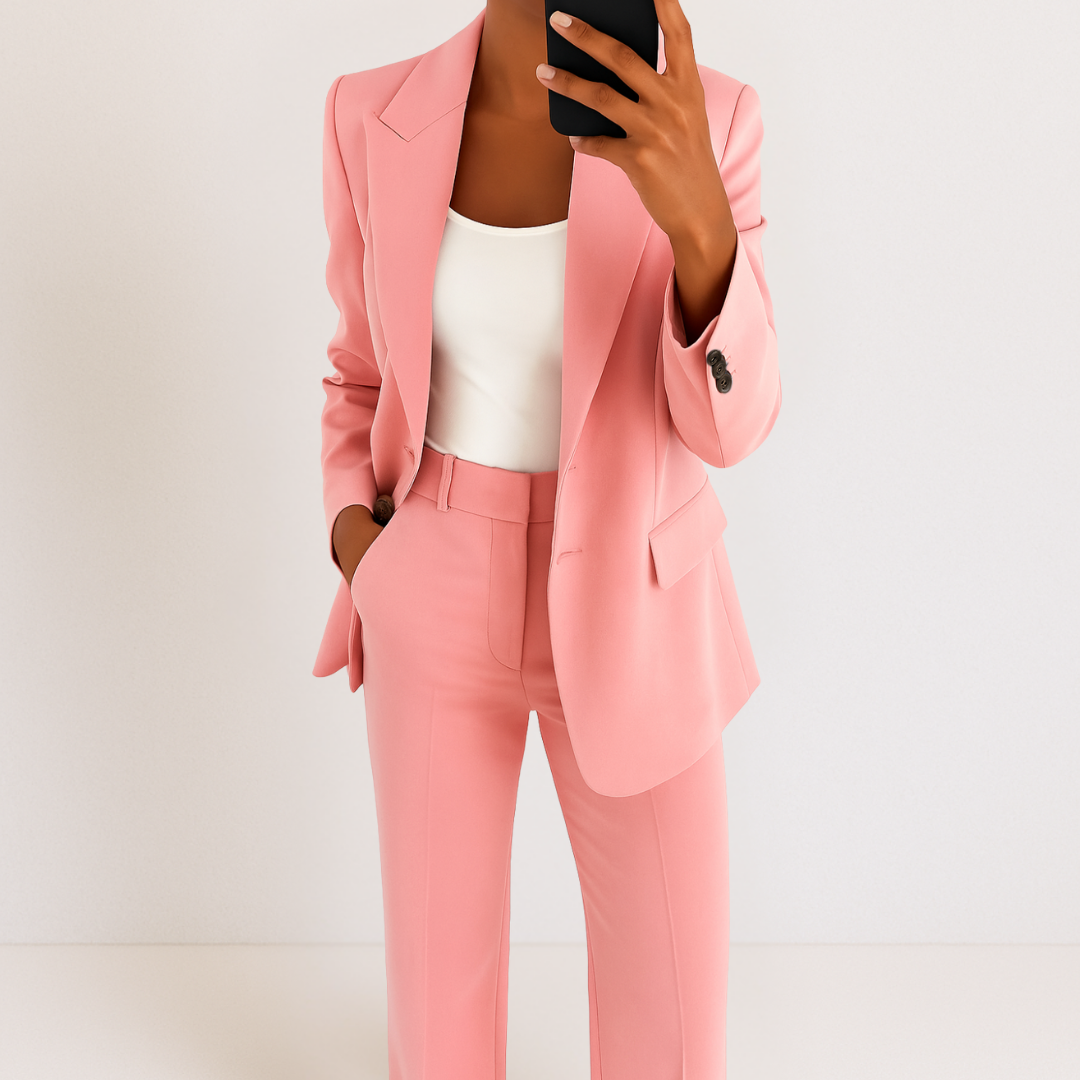 Women's Two-Piece Suit Set - Tailored Blazer & Trousers - Pink