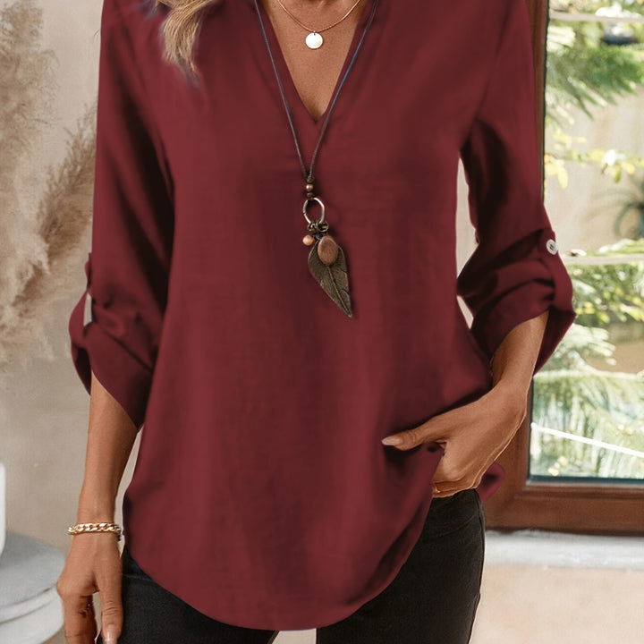 Women's V-Neck Blouse with Roll-Tab Sleeves in burgundy, Refined