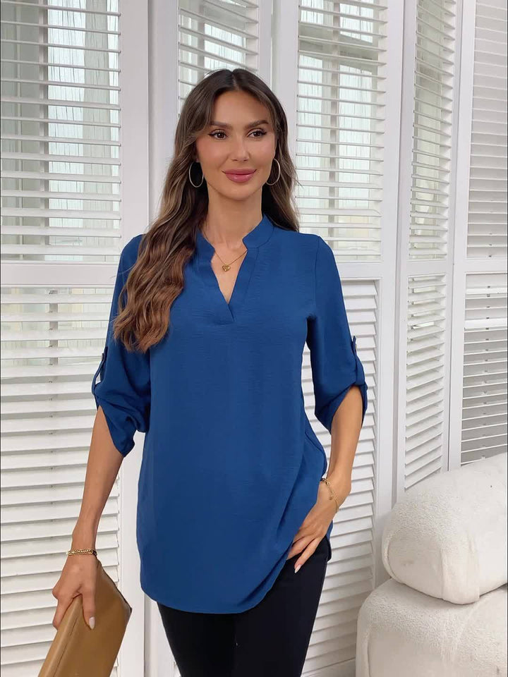 Women's V-Neck Blouse with Roll-Tab Sleeves - Refined