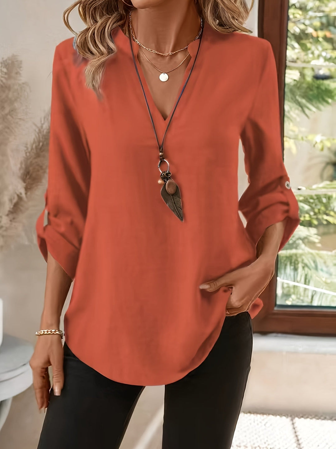 Women's V-Neck Blouse with Roll-Tab Sleeves - Refined