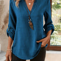 Women's V-Neck Blouse with Roll-Tab Sleeves - Refined