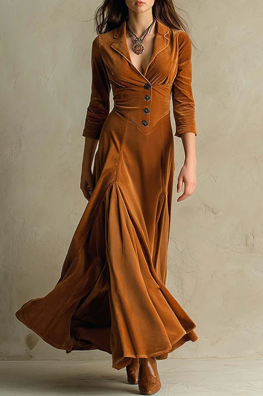 Women's V-Neck Maxi Dress in brown, Elegant Flowing Silhouette