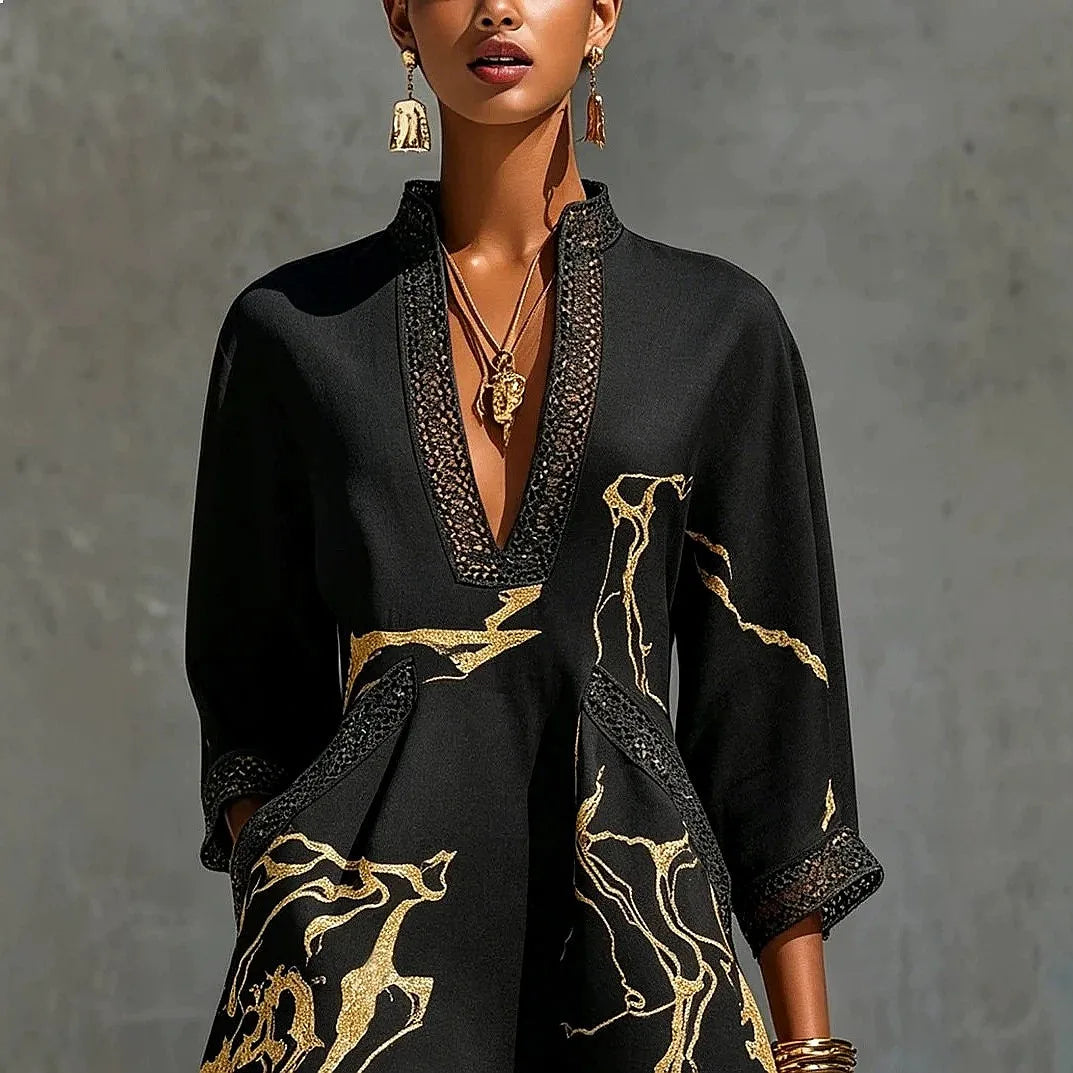 Women's V-Neck Mini Dress in black, Artistic Print