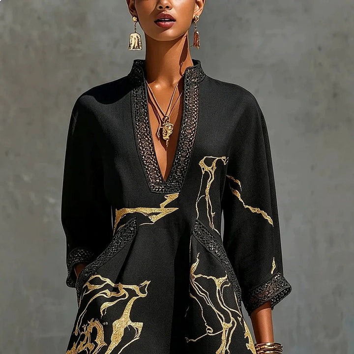 Women's V-Neck Mini Dress in black, Artistic Print