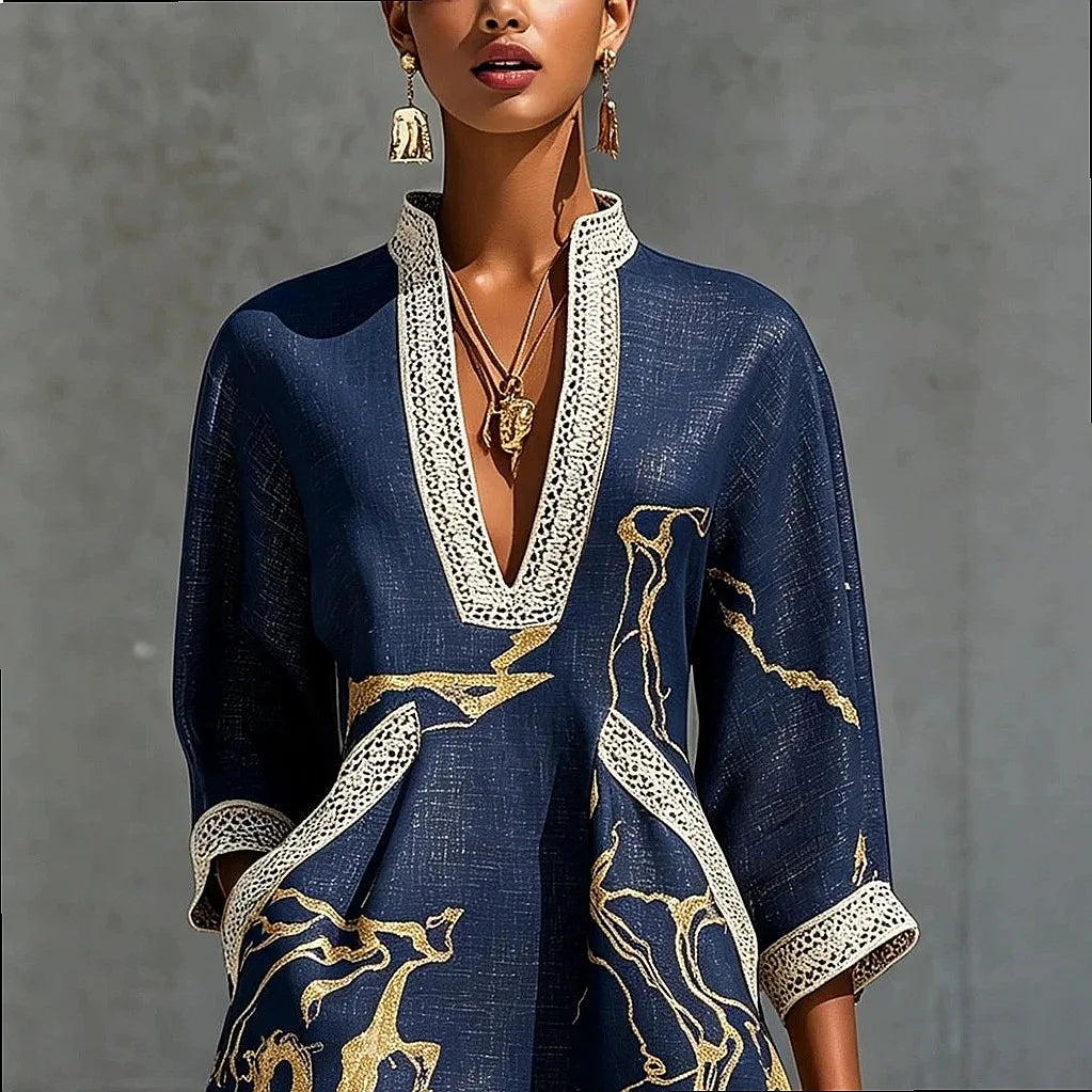 Women's V-Neck Mini Dress in blue, Artistic Print