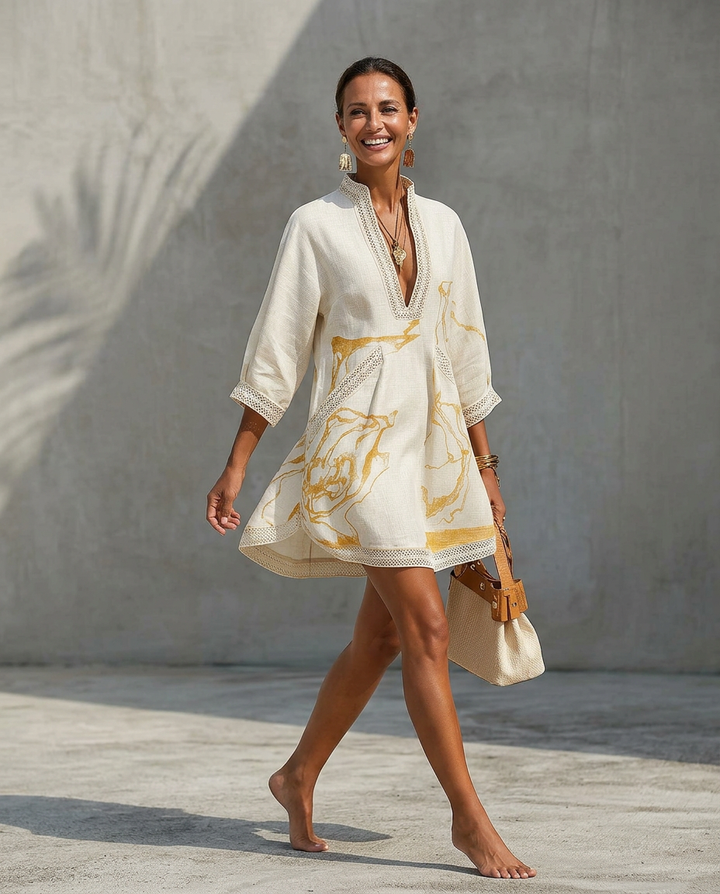 Women's V-Neck Mini Dress - Artistic Print