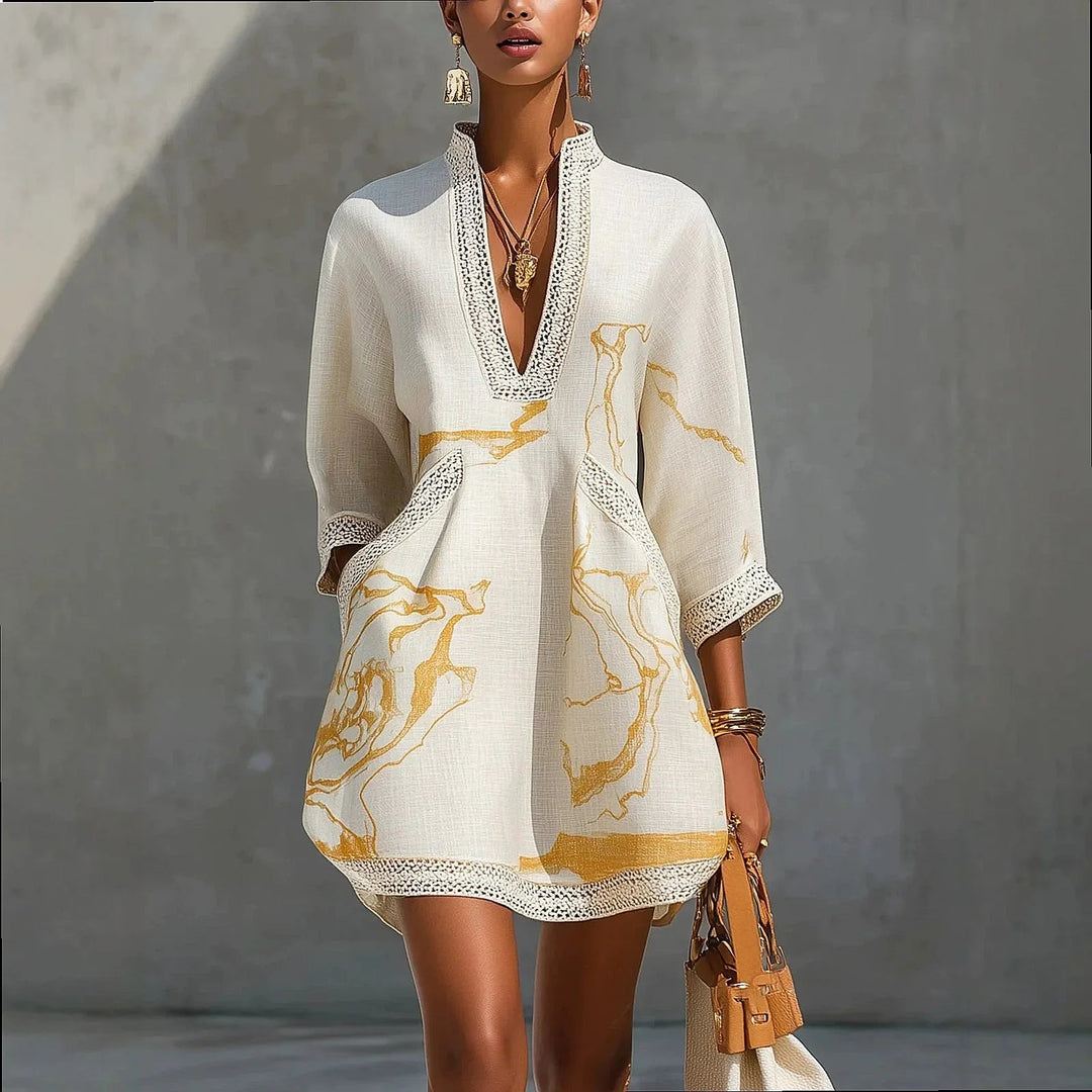 Women's V-Neck Mini Dress in white, Artistic Print