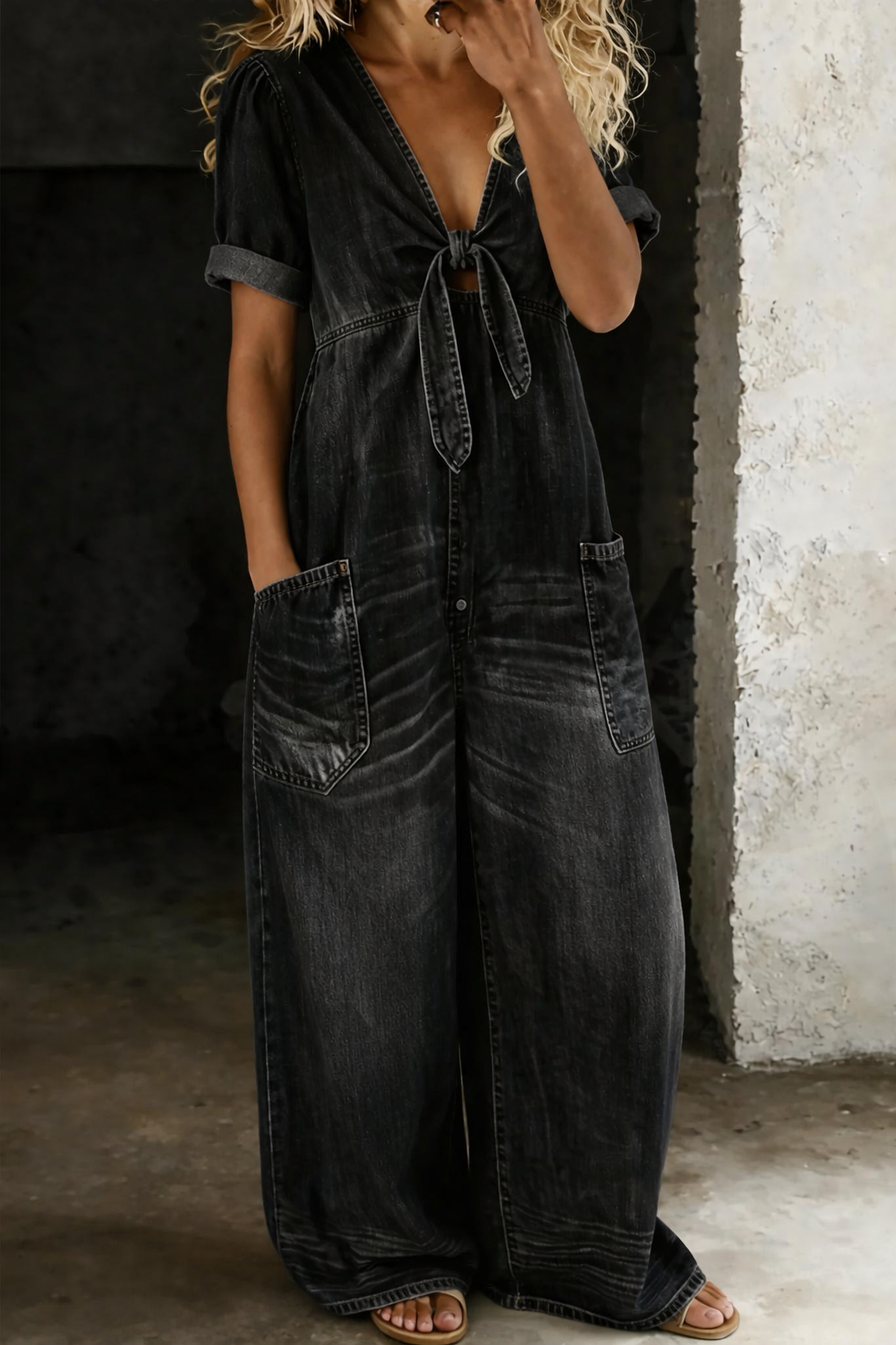 Women's V Neck Short Sleeve Jumpsuit - Everyday Comfort - Black
