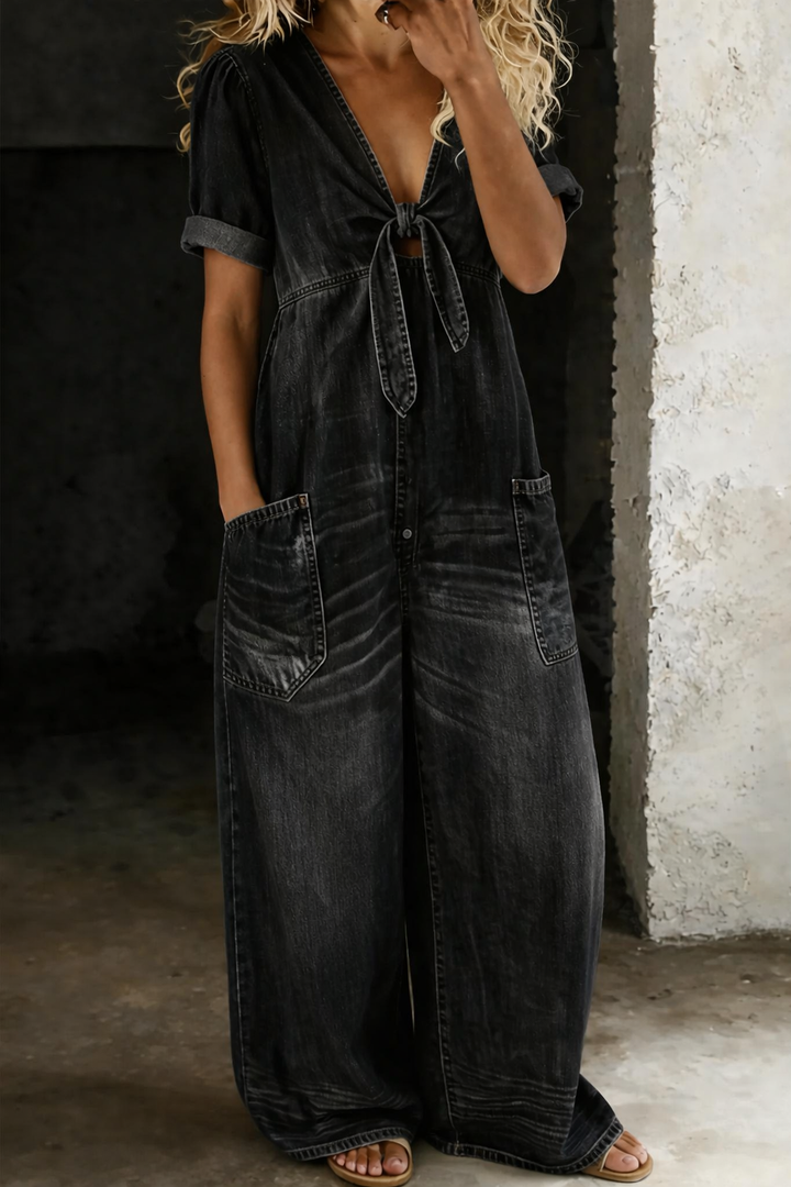 Women's V Neck Short Sleeve Jumpsuit - Everyday Comfort - Black