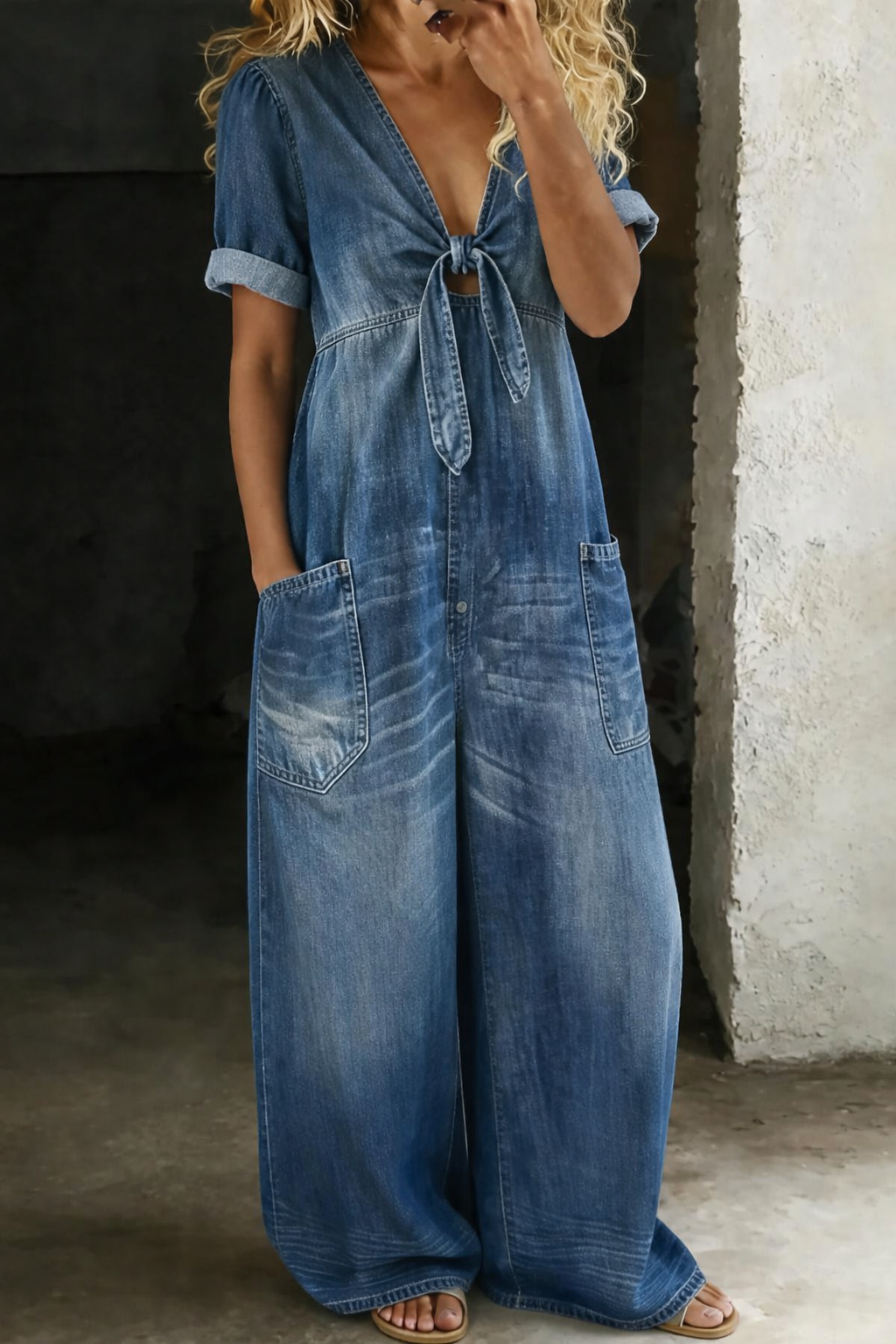 Women's V Neck Short Sleeve Jumpsuit - Everyday Comfort - Blue