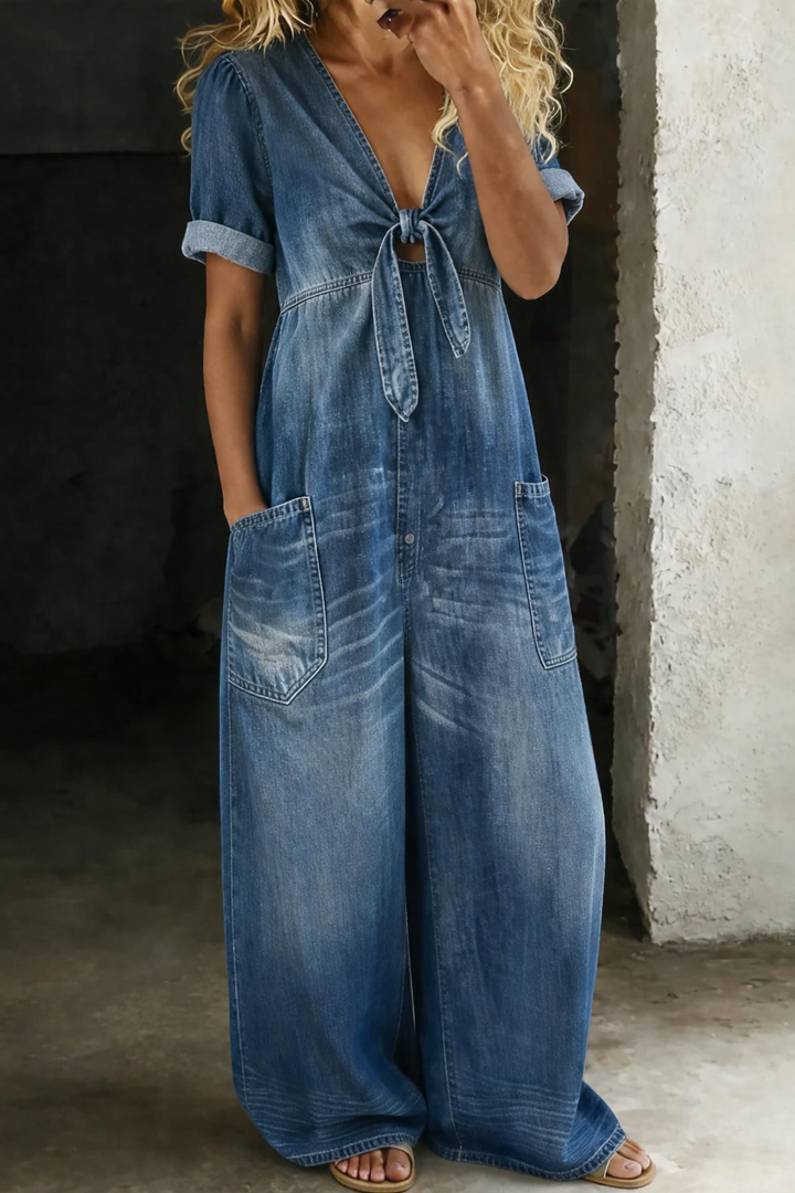 Women's V Neck Short Sleeve Jumpsuit - Everyday Comfort - Blue