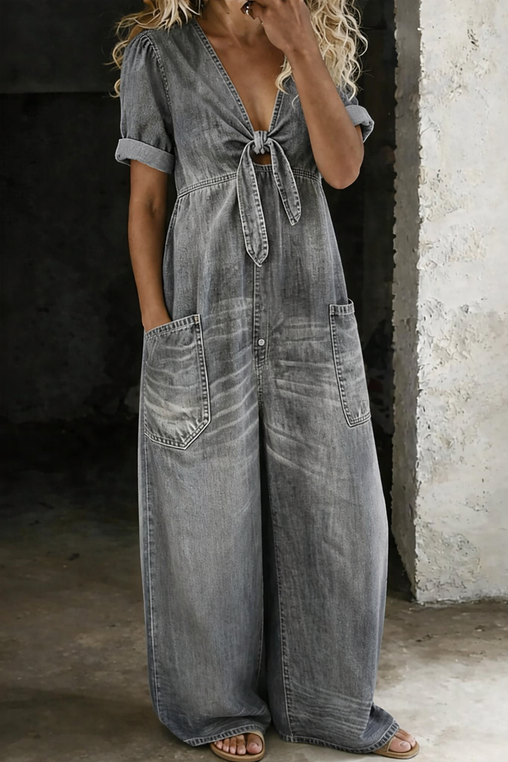 Women's V Neck Short Sleeve Jumpsuit - Everyday Comfort - Grey