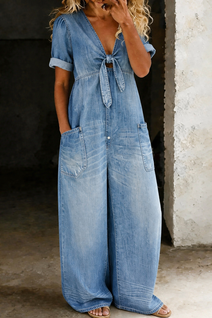 Women's V Neck Short Sleeve Jumpsuit - Everyday Comfort - Light Blue
