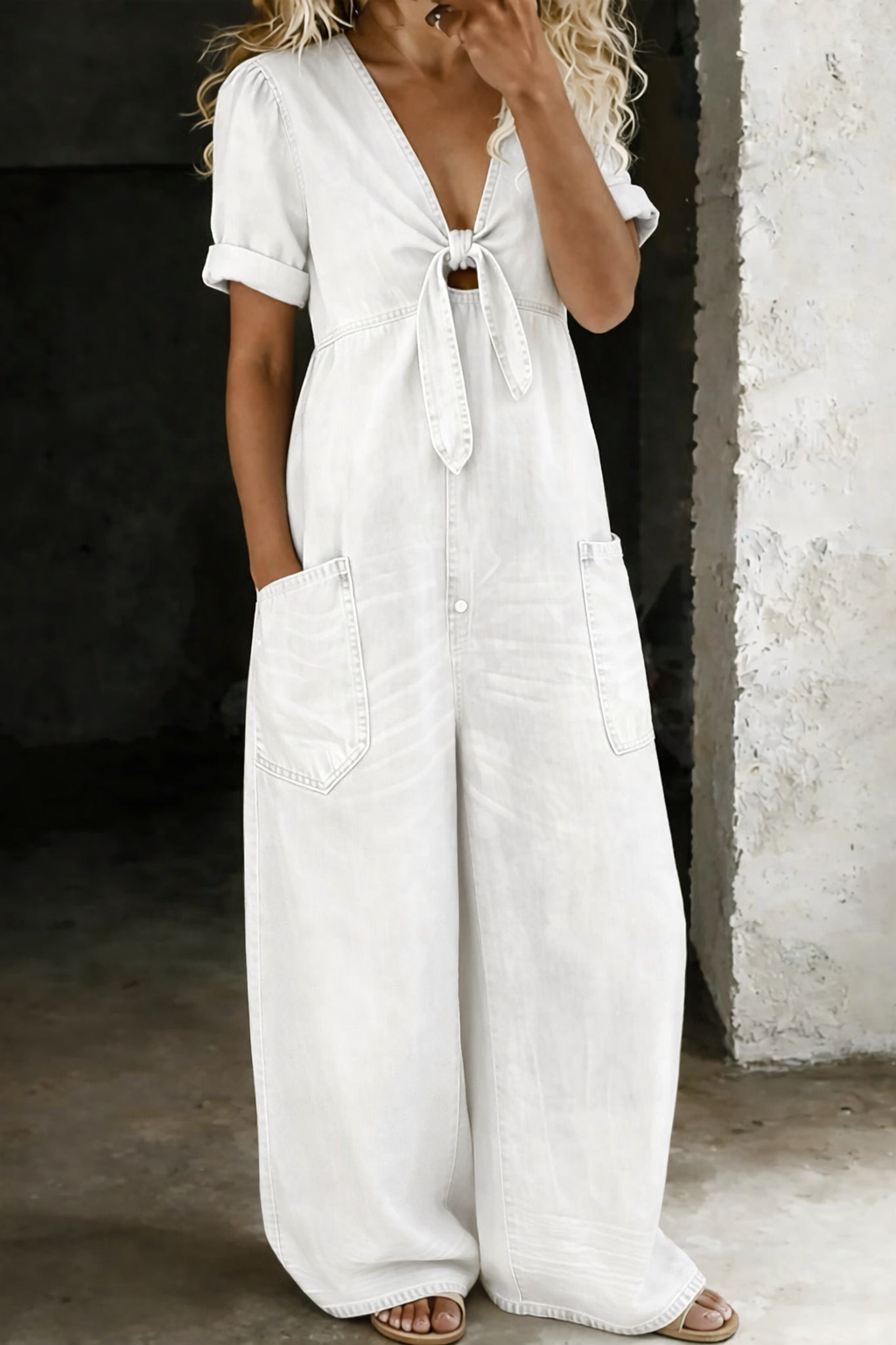 Women's V Neck Short Sleeve Jumpsuit - Everyday Comfort - White