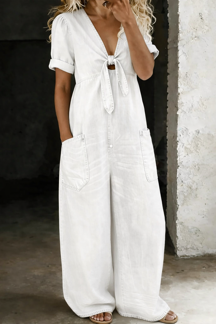 Women's V Neck Short Sleeve Jumpsuit - Everyday Comfort - White