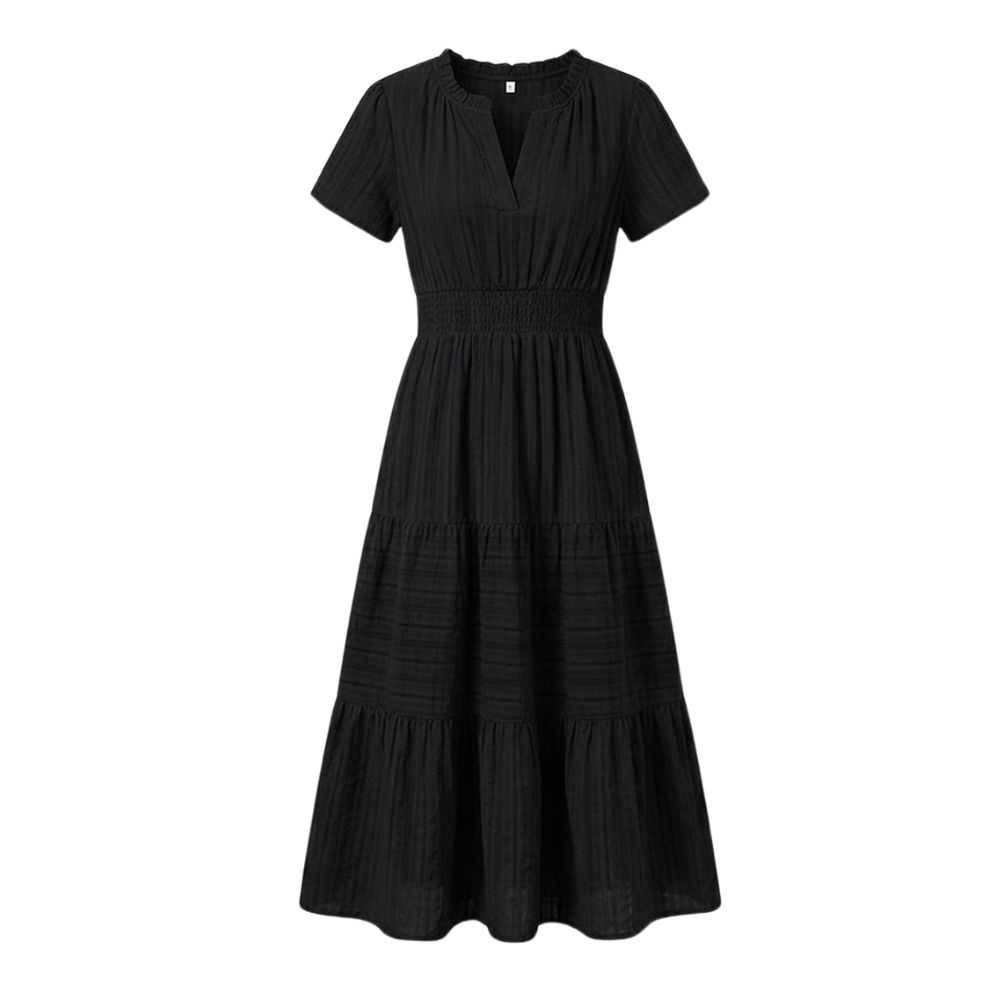 Women's V-Neck Tiered Maxi Dress with Smocked Waist - Summer - Black