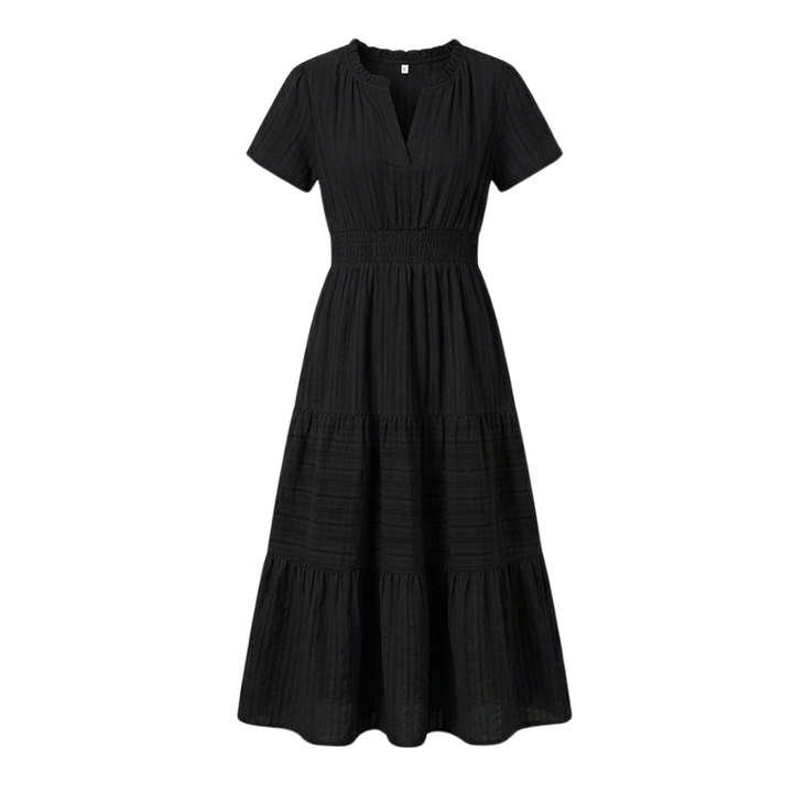 Women's V-Neck Tiered Maxi Dress with Smocked Waist - Summer - Black