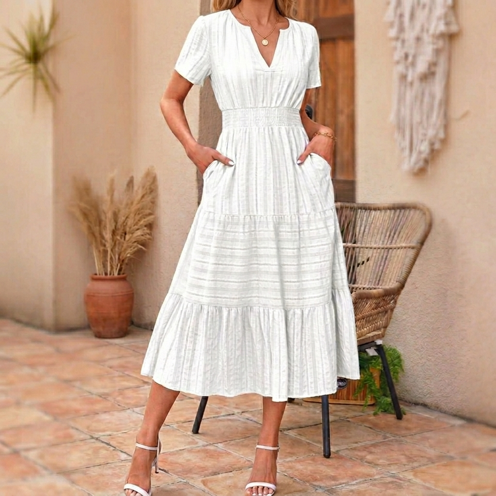 Women's V-Neck Tiered Maxi Dress with Smocked Waist - Summer