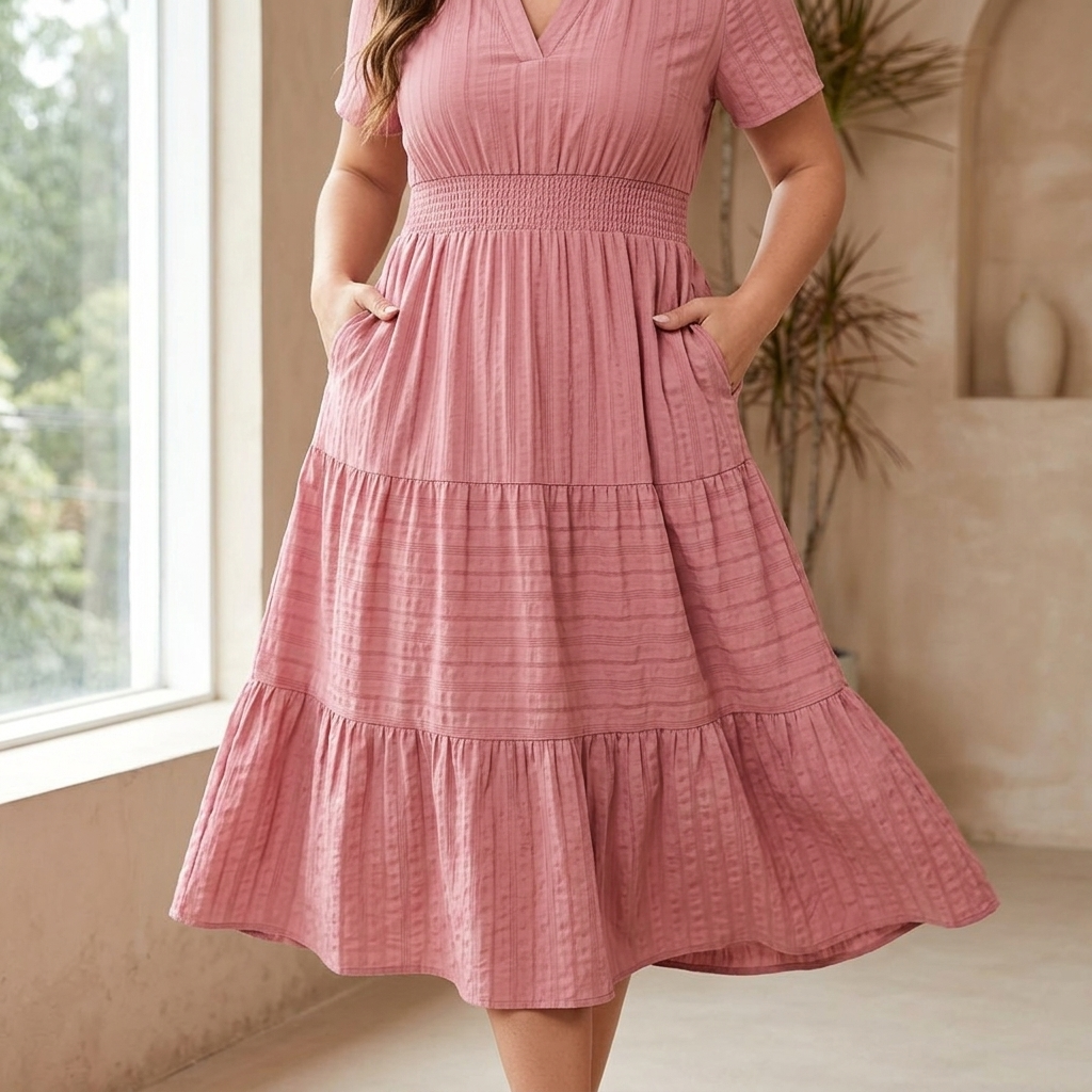 Women's V-Neck Tiered Maxi Dress with Smocked Waist - Summer