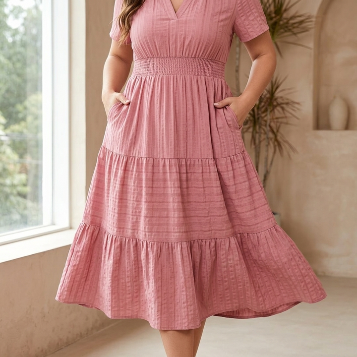Women's V-Neck Tiered Maxi Dress with Smocked Waist - Summer