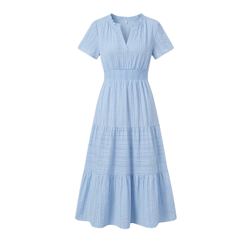 Women's V-Neck Tiered Maxi Dress with Smocked Waist - Summer - Light Blue