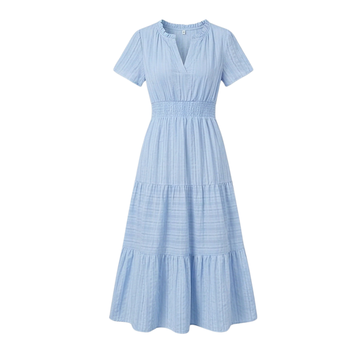 Women's V-Neck Tiered Maxi Dress with Smocked Waist - Summer - Light Blue