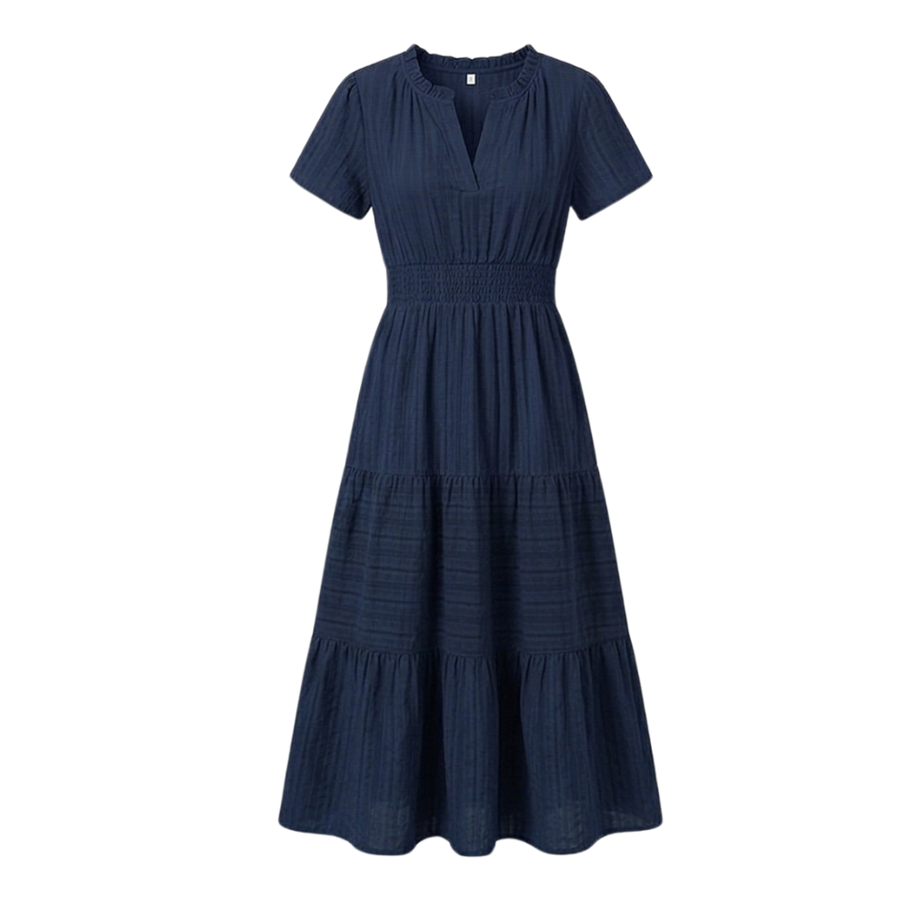 Women's V-Neck Tiered Maxi Dress with Smocked Waist - Summer - Navy
