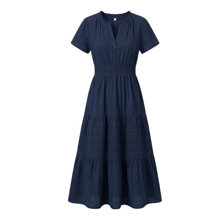 Women's V-Neck Tiered Maxi Dress with Smocked Waist - Summer - Navy