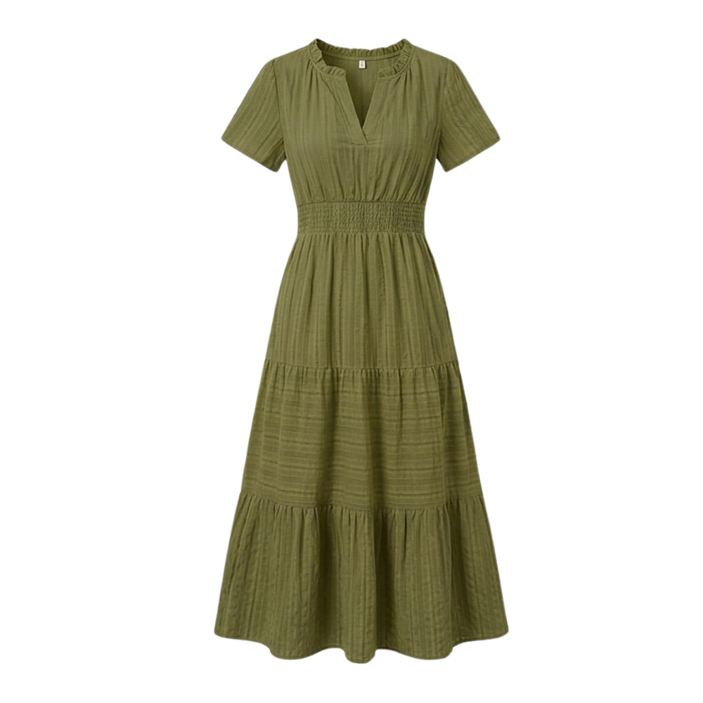 Women's V-Neck Tiered Maxi Dress with Smocked Waist - Summer - Olive