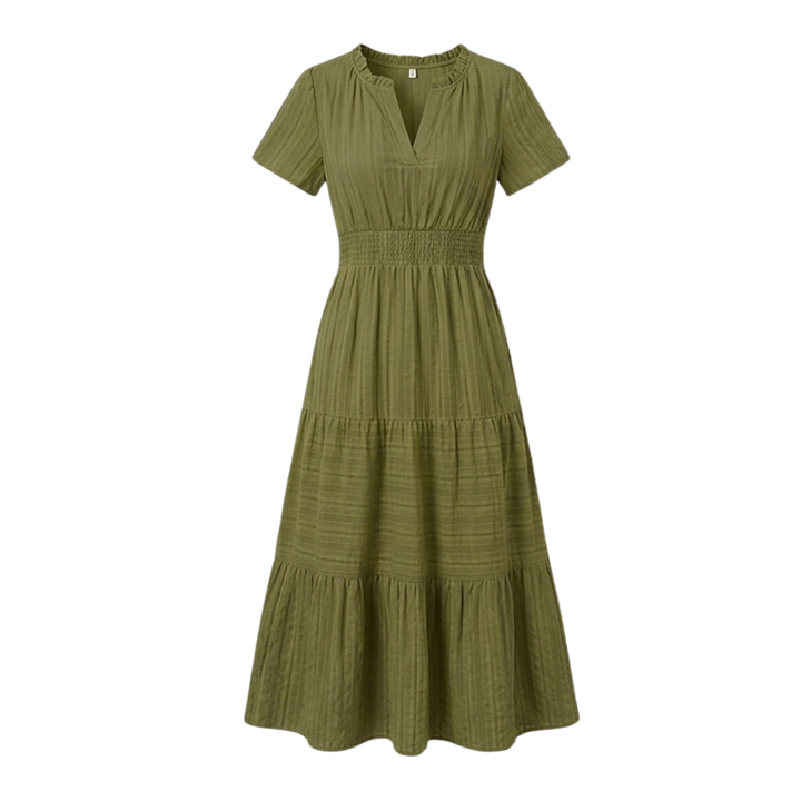 Women's V-Neck Tiered Maxi Dress with Smocked Waist - Summer - Olive