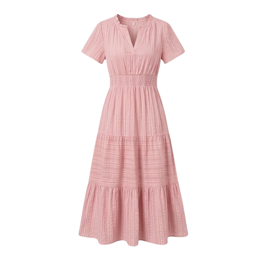 Women's V-Neck Tiered Maxi Dress with Smocked Waist - Summer - Pink