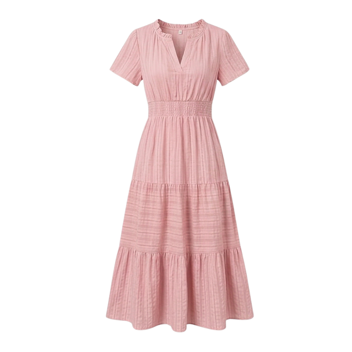 Women's V-Neck Tiered Maxi Dress with Smocked Waist - Summer - Pink