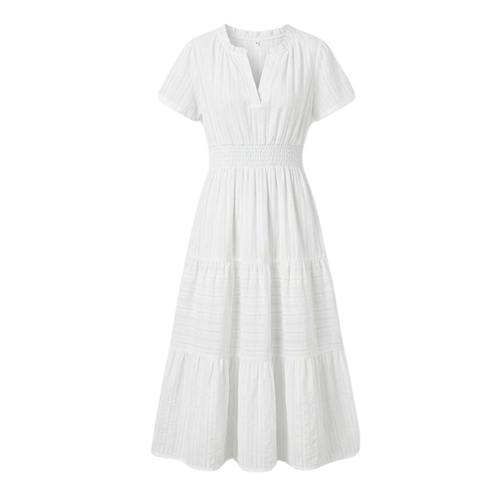 Women's V-Neck Tiered Maxi Dress with Smocked Waist - Summer - White