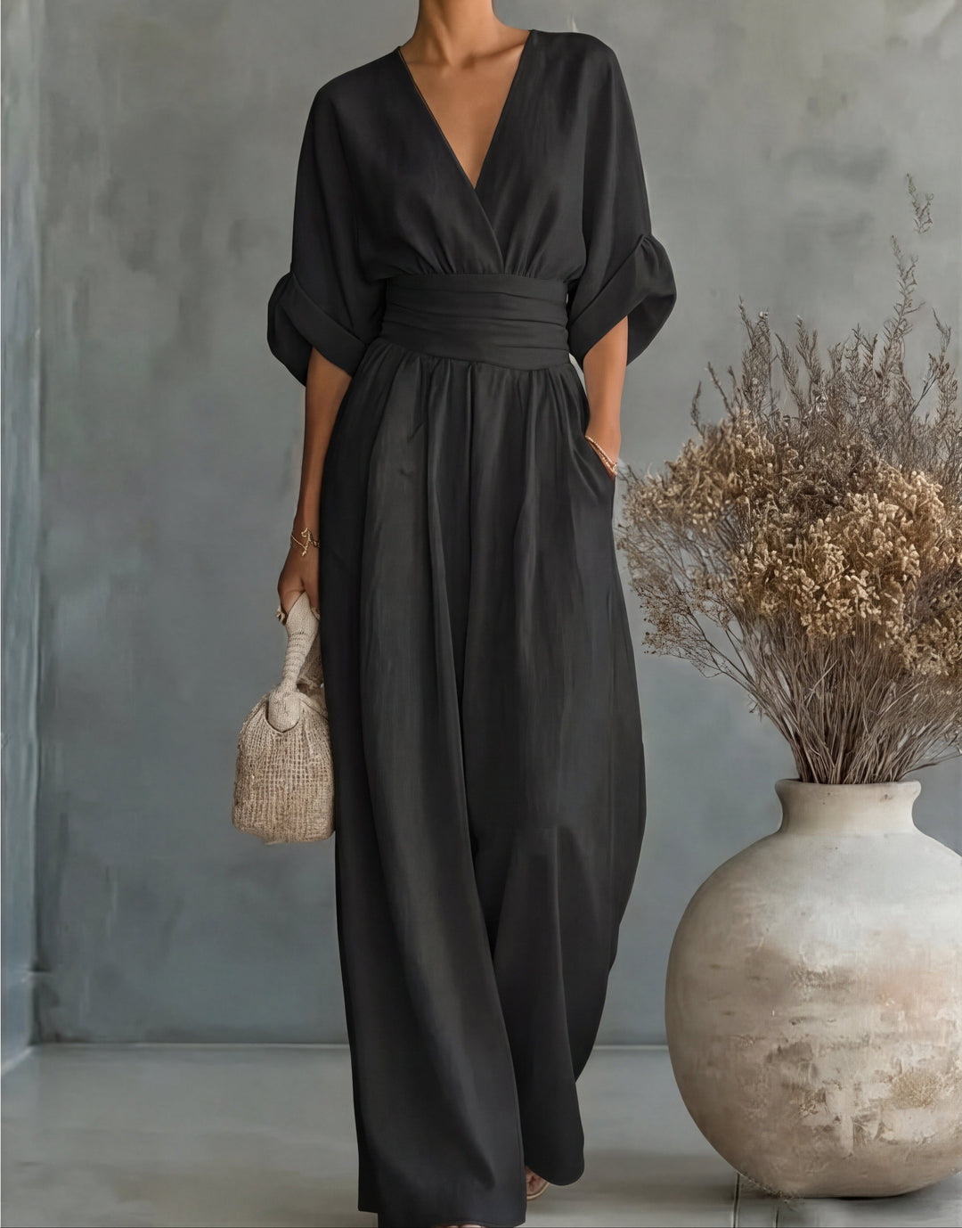 Women's V-Neck Wide-Leg Jumpsuit in black, Elegant One-Piece