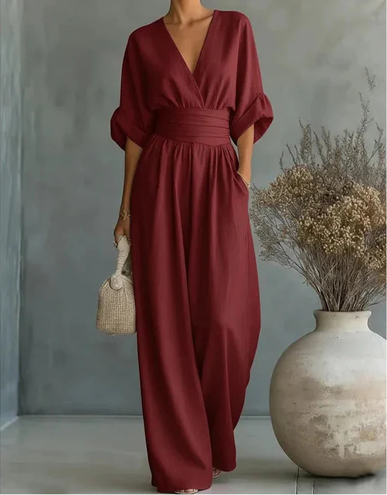 Women's V-Neck Wide-Leg Jumpsuit in burgundy, Elegant One-Piece