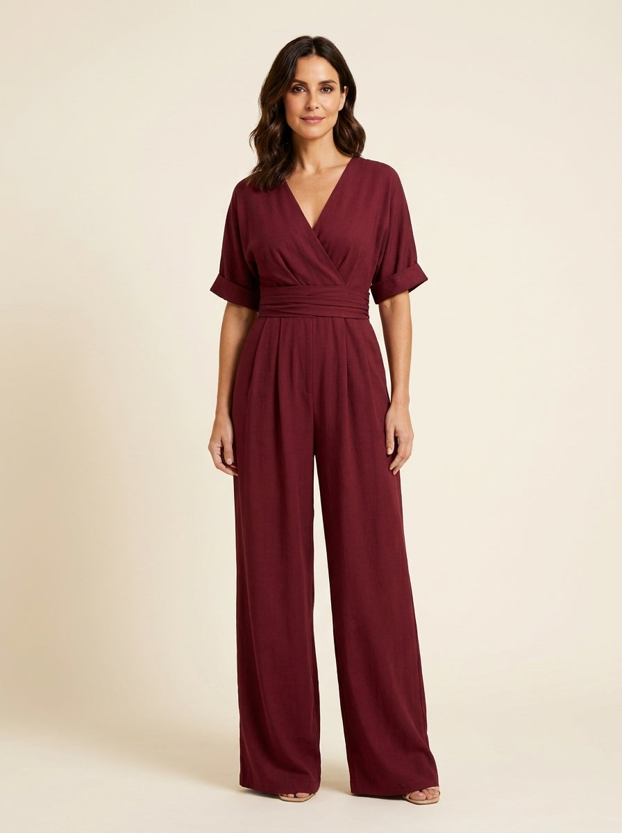 Women's V-Neck Wide-Leg Jumpsuit - Elegant One-Piece