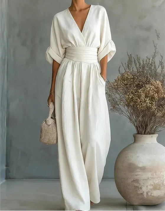 Women's V-Neck Wide-Leg Jumpsuit - Elegant One-Piece